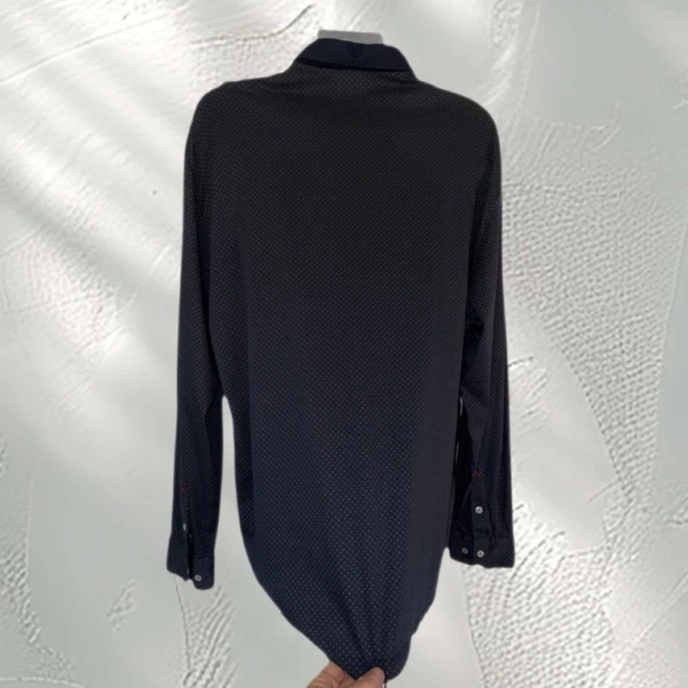 Au Noir 2XL Mercerised Cotton Shirt – Navy Geometric Button-Up w/ Contrast Trim